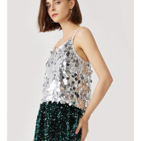 Women's Sequin Tank Top V-Neck Spaghetti Strap Party Camisole - Picture 5 of 6